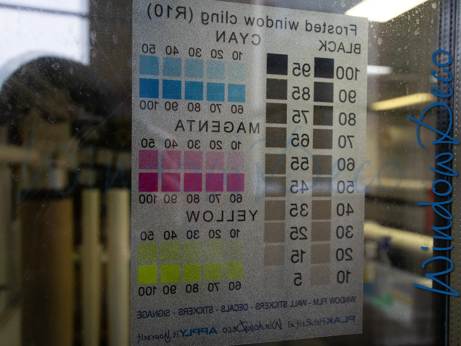 Statische glasfolie (10), kleurenkaart, achterkant, bedrukte statische glasfolie