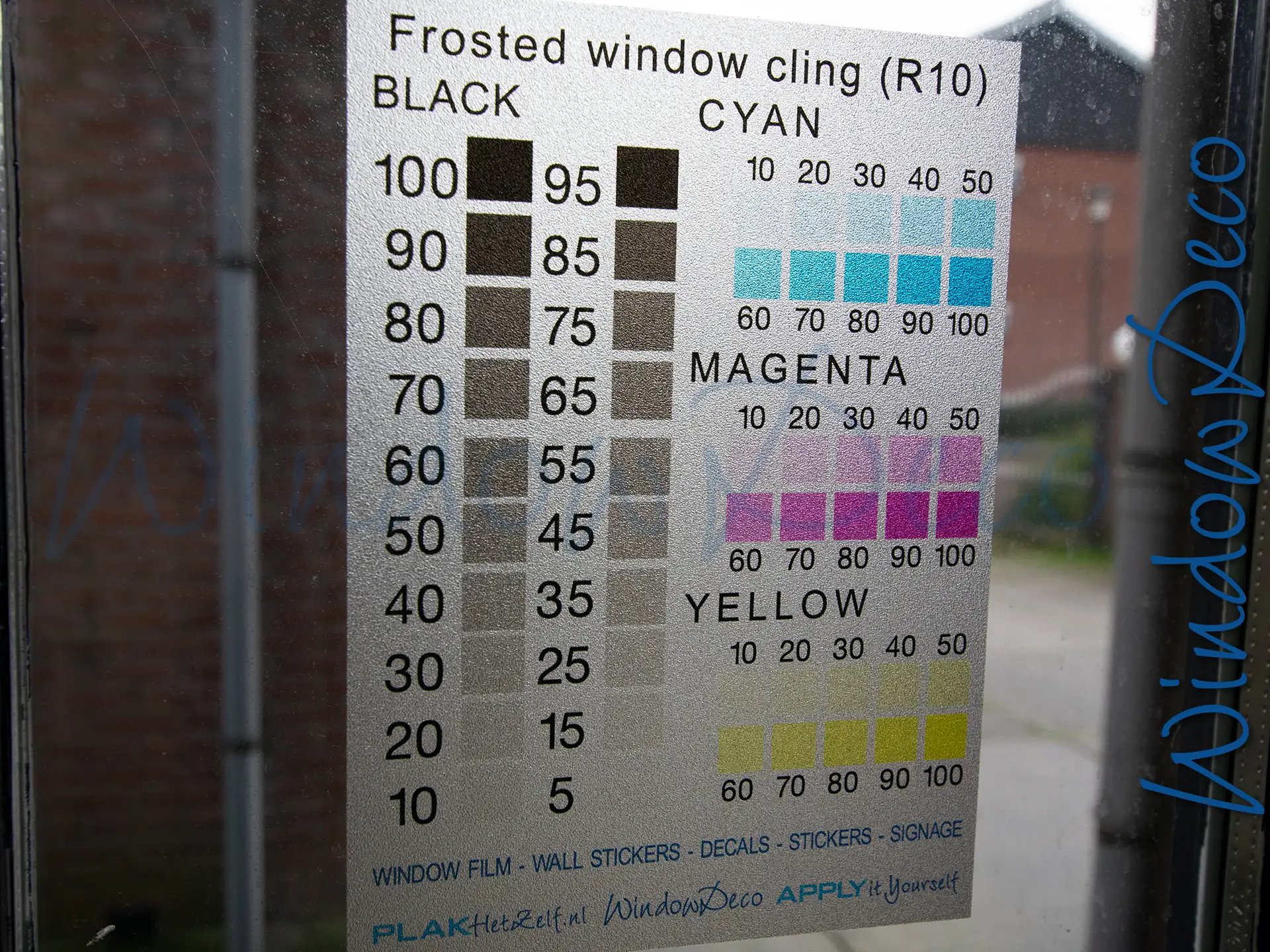 Statische glasfolie (10), kleurenkaart, voorkant, bedrukte statische glasfolie, privacy