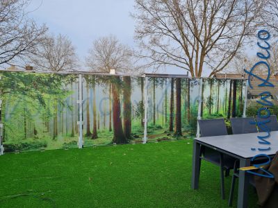 glasfolie bedrukt, WR02, raamfolie met bos, bos in kleur op raamfolie, privacy, balkon