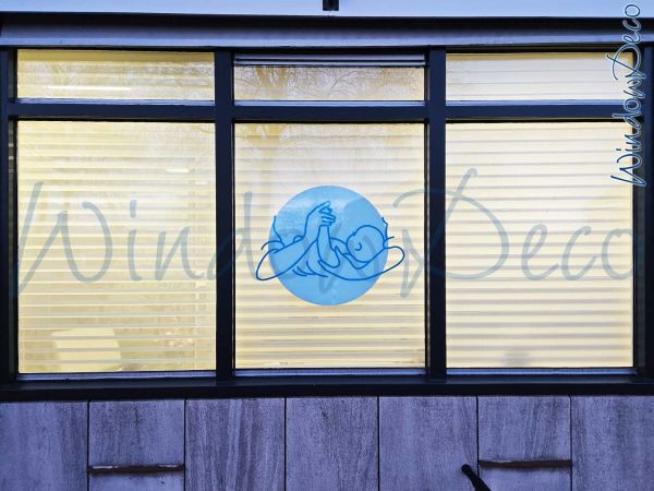raamsticker, vorm gesneden logo, spiegelbeeld, WindowDeco