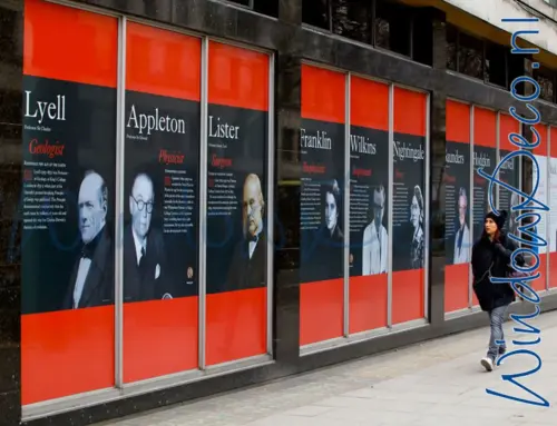 One-way vision raamfolie, voor raampartij, met reclame bedrukking