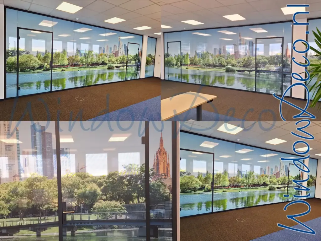 Grote two-way vision raamfolie, geperforeerde raamfolie, doorkijkbaar, anti-inkijk, kantoor, grote foto raamfolie