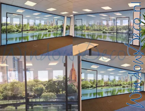 Grote two-way vision raamfolie, geperforeerde raamfolie, doorkijkbaar, anti-inkijk, kantoor, grote foto raamfolie