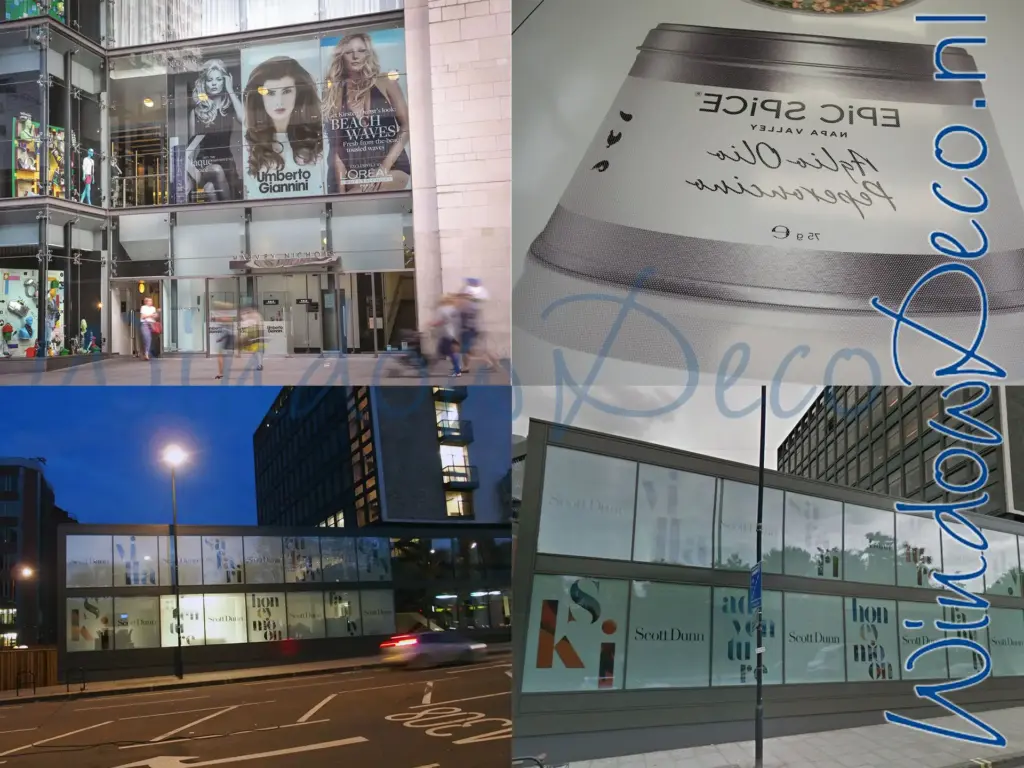 Grote two-way vision raamfolie, geperforeerde raamfolie, doorkijkbaar, voorbeelden